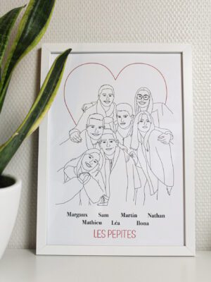 Photo du cadre à souvenirs Jean-Pierre en blanc. Dessin d'un groupe d'amis de 7 personnes. Prénoms et surnom en légende.